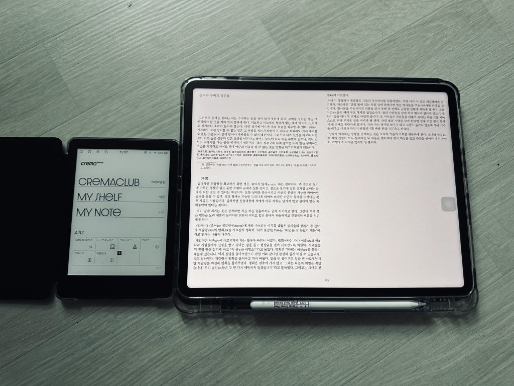 이북리더(김정은 X, E-Book Reader) 크레마 페블(Crema Pebble) 사용기 13 아이패드 프로 12.9 6세대와 크기 비교